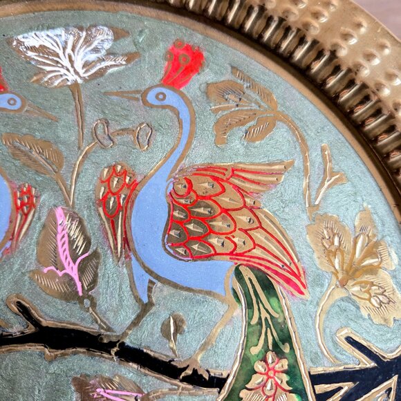 Vintage Brass Round Serving Tray with Enamel Peacock and Flowers Design. - Picture 4 of 6